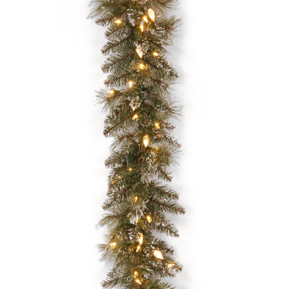9' x 10" Glittery Bristle Pine Garland with 100 Soft White Led Lights with C7 Diamond Caps - Green