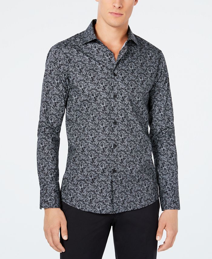Tallia Men's Slim-Fit Charcoal Vine-Print Dress Shirt - Macy's