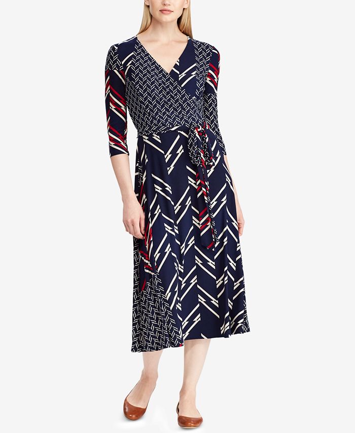 Printed Surplice Long Sleeve Midi Dress