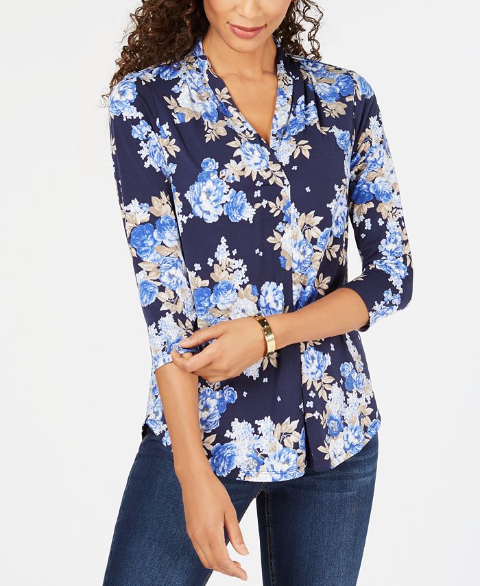 Charter Club Petite Printed 3/4-Sleeve Top, Created for Macy's ...