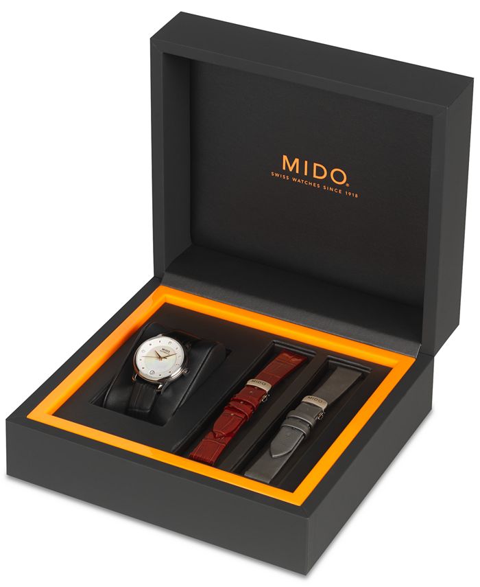 Mido - Women's Swiss Automatic Baroncelli II Diamond-Accent Black Synthetic Leather Strap Watch 27.9mm