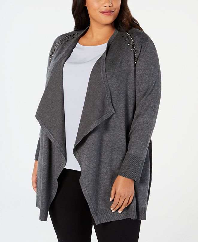 JM Collection Plus Size Stud-Bordered Open-Front Cardigan 