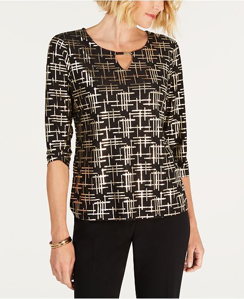 JM Collection Foil Jacquard ElbowSleeve Keyhole Top, Created for Macy