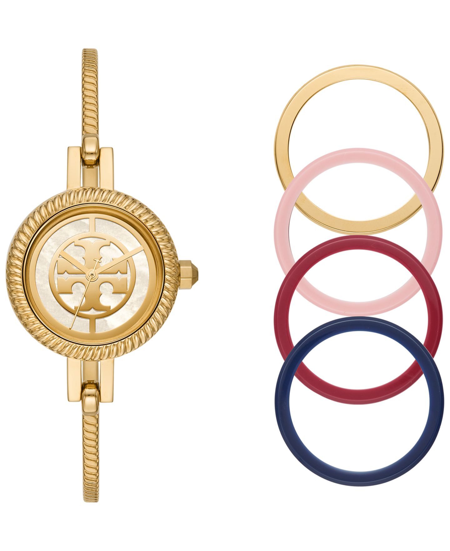 Женские часы Tory Burch Reva Gold-Tone Stainless Steel Bangle Bracelet Watch 27mm Gift Set — фото 1