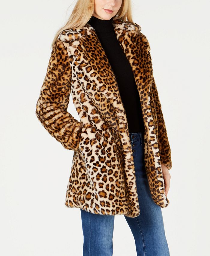 Calvin Klein Leopard-Print Faux-Fur Walker Coat - Macy's