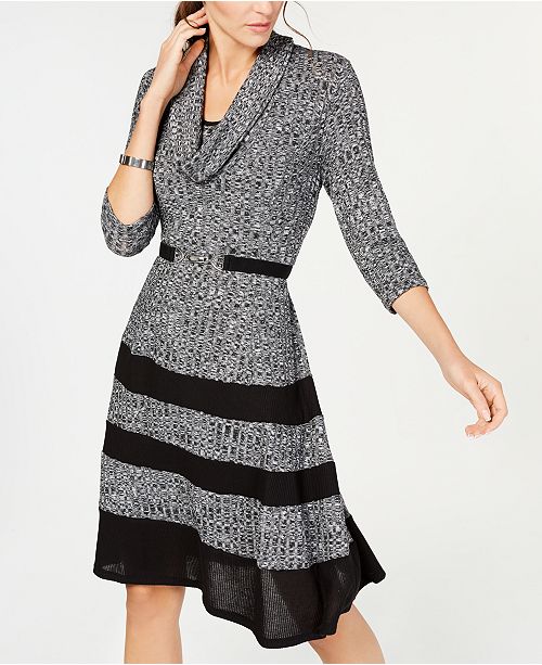Robbie Bee Women's Two Tone Belted Sweater Dress Black Size Small