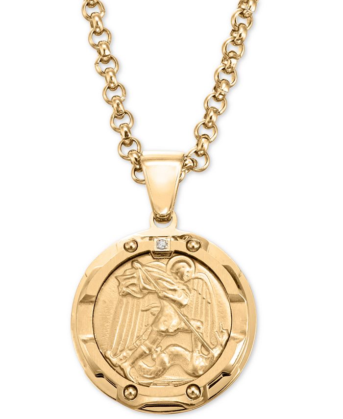 Macy's - Men's Diamond Accent St. Michael Medallion 24" Pendant Necklace in Yellow Ion-Plated Stainless Steel