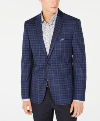 Bar III - Men's Slim-Fit Stretch Dark Blue Plaid Sport Coat