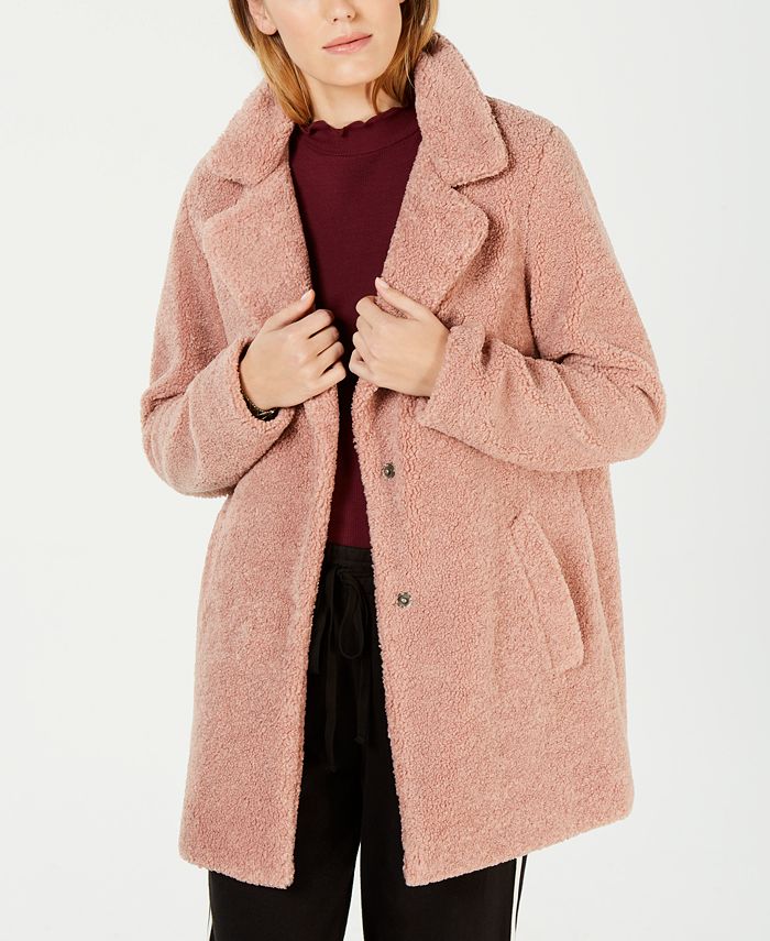 LUCKY BRAND Womens Faux Fur Shearling Button Up Long Teddy Coat