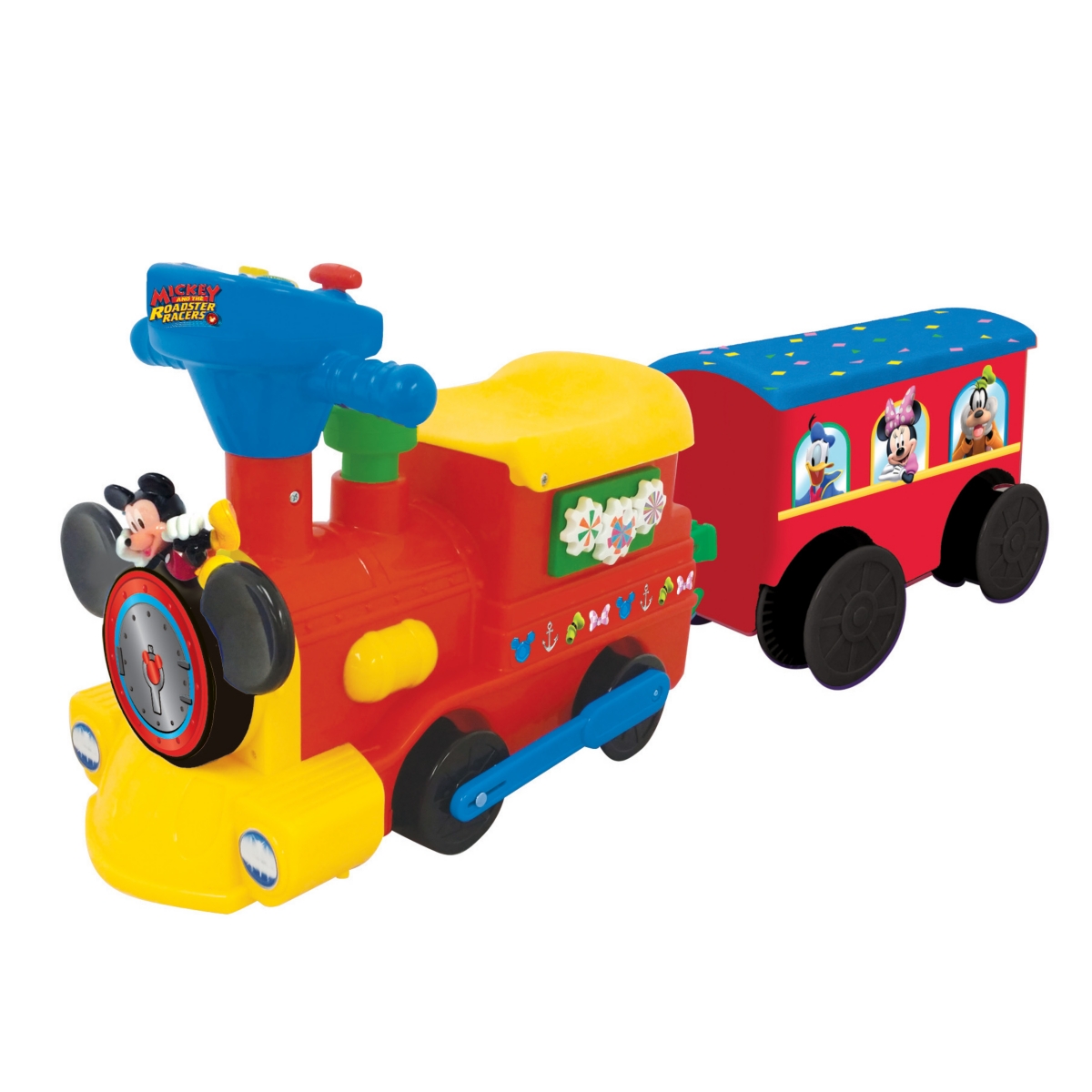 Kiddieland Kids' Disney Mickey Mouse 2 In 1 Battery Powered Ride On Choo Choo Train With Caboose And Tracks In Multi