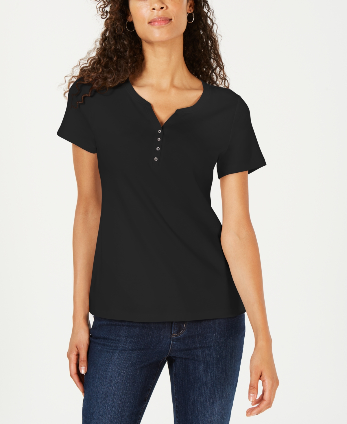 Petite Cotton Henley Top, Created for Macy's - Deep Black