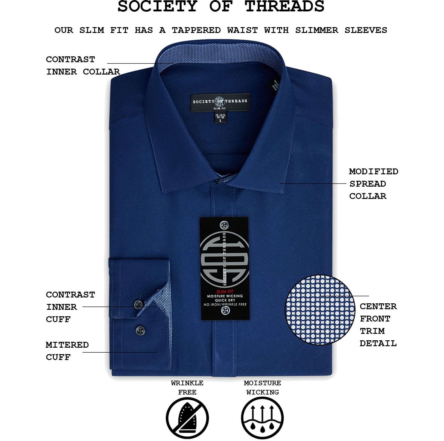 Мужская рубашка Society of Threads Slim-Fit Non-Iron Performance Solid Dress Shirt, цвет: Чёрный — фото 6