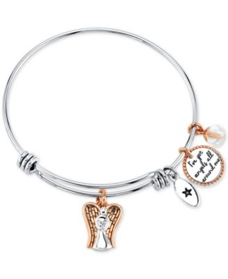 Photo 1 of Unwritten "I've Got Angels All Around Me" Angel Charm Bangle Bracelet in Stainless Steel & Rose Gold-Tone with Silver Plated Charms