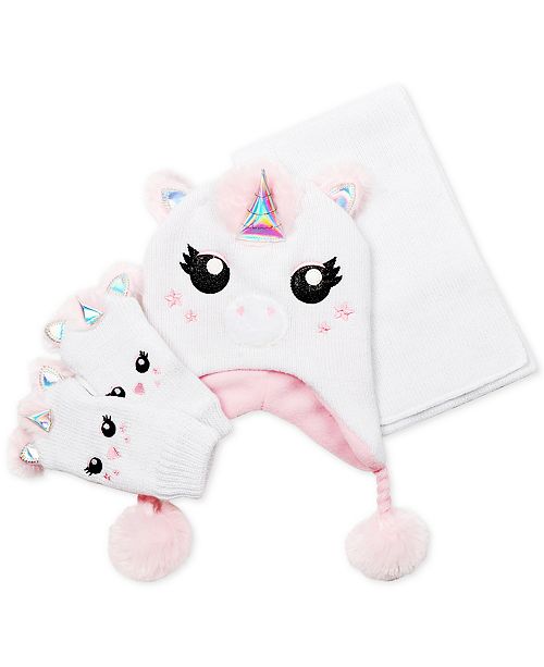 Fab Little Girls 3 Pc Faux Fur Unicorn Hat Scarf Gloves Set