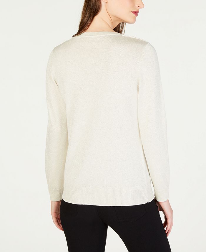 NY Collection Petite Metallic-Threaded Neckline-Cutout Sweater - Macy's