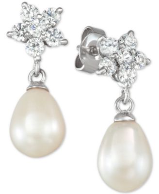 Cultured Freshwater Pearl (7 x 9mm) & Cubic Zirconia Pendant Necklace & Drop Earrings Set in Sterling Silver, Created for Macy's