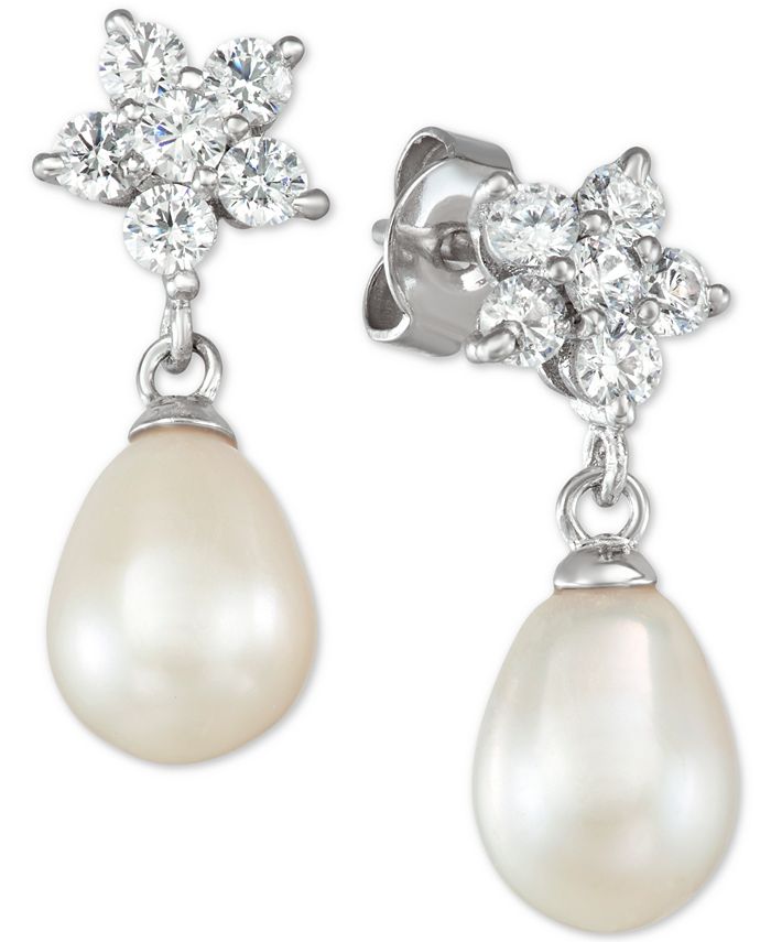 Macy's - Cultured Freshwater Pearl (7 x 9mm) and Cubic Zirconia Pendant Necklace and Drop Earrings Set in Sterling Silver