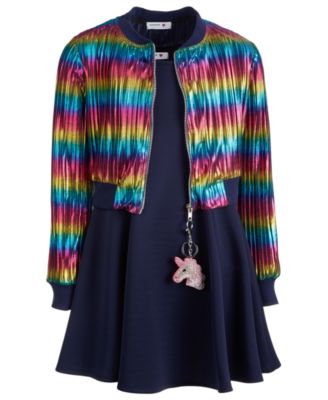 Beautees - Big Girls 2-Pc. Rainbow Bomber Jacket & Dress Set