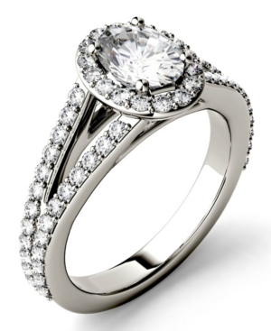 image of Moissanite Split Shank Oval Halo Ring (1-1/2 ct. tw. Diamond Equivalent) in 14k White Gold