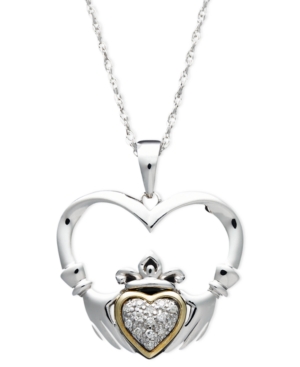image of 14k Gold and Sterling Silver Necklace, Diamond Accent Claddagh Pendant