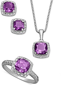 Sterling Silver Jewelry Set, Cushion Cut Amethyst Pendant, Earrings and Ring Set (4-1/3 ct. t.w.)