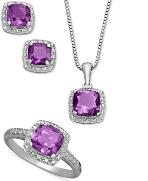 Shop Macy's Sterling Silver Jewelry Set, Cushion Cut Amethyst Pendant, Earrings And Ring Set (4-1/3 Ct. T.w.) In Purple