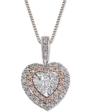 image of Diamond Halo Heart Adjustable Pendant Necklace (1/4 ct. t.w.) in 14k White & Rose Gold
