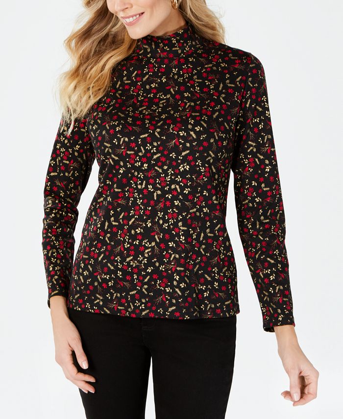 Karen Scott Womens Snowy Glory Mock Neck Top Black Size Petite Medium