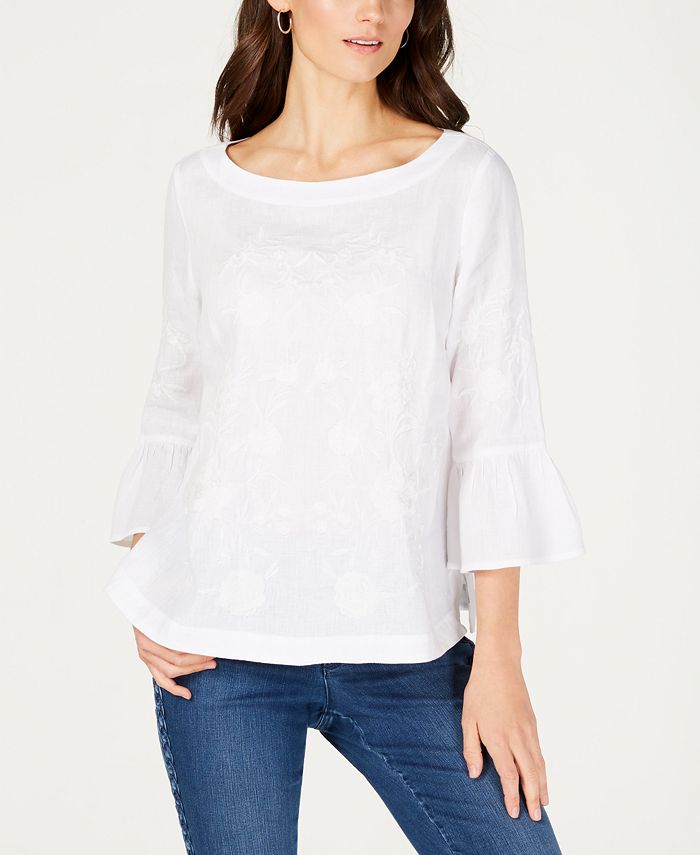 Charter Club Petite Linen Embroidered Bell-Sleeve Top, Created for Macy ...