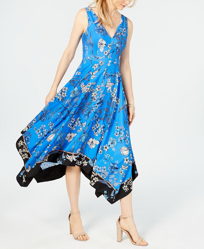 Vince Camuto Floral Handkerchief Dress VINCE CAMUTO Floral Handkerchief Hem  A Line Midi Dress Green