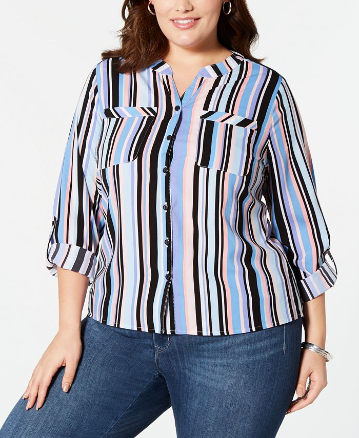 NY Collection Plus Size Printed Button-Front Roll-Tab Shirt - Macy's