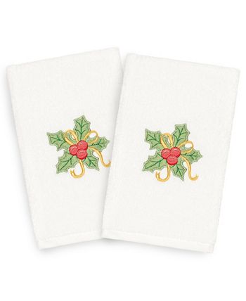Linum Home - Textiles Christmas Holly Bunch - Embroidered Luxury 100% Turkish Cotton Hand Towels Set of 2