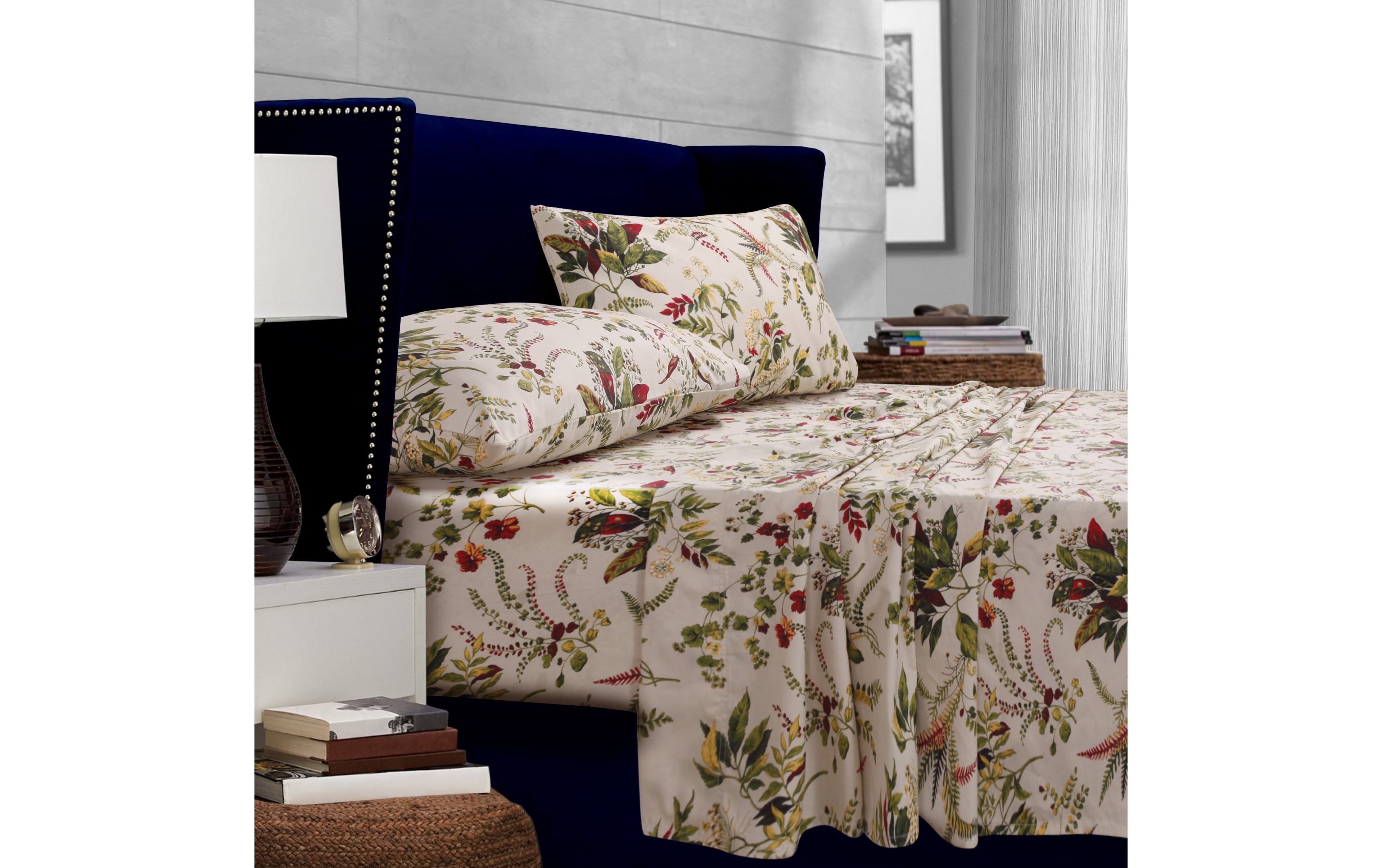 Tribeca Living Maui Floral Printed 300 Thread Count Percale Extra Deep Pocket Sheet Set, Twin Xl
