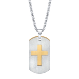 image of He Rocks Double Tag Cross Pendant Necklace in Stainless Steel, 24