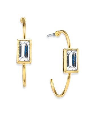 14K Gold-tone Square Crystal Open Hoop Stainless Steel Post Small Earrings 