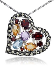 Multi-Color Stones & Marcasite Floating Heart Pendant on 18" Chain in Sterling Silver 