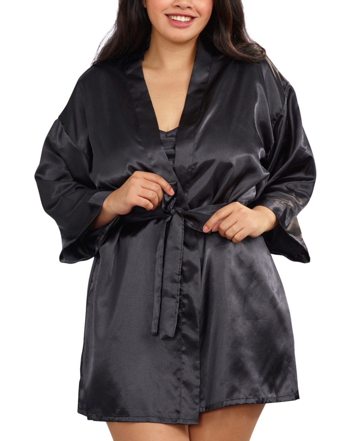 Plus Size Satin Robe & Chemise 2pc Lingerie Set - Black