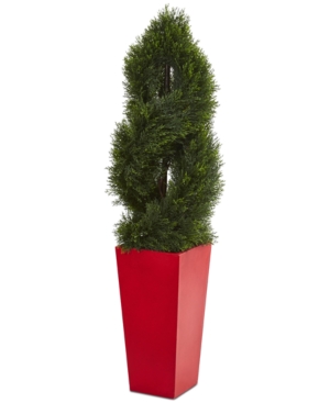 Nearly Natural 4.5' Uv-resistant Double Pond Cypress Spiral Artificial Tree In Planter In Red