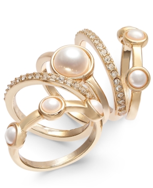 image of Inc Gold-Tone 5-Pc. Set Pave & Imitation Pearl Stackable Rings, Created for Macy-s