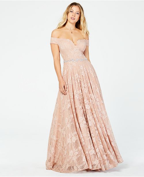 Say Yes to the Prom Juniors' Off-The-Shoulder Sequined Lace Gown, Created for Macy's & Reviews