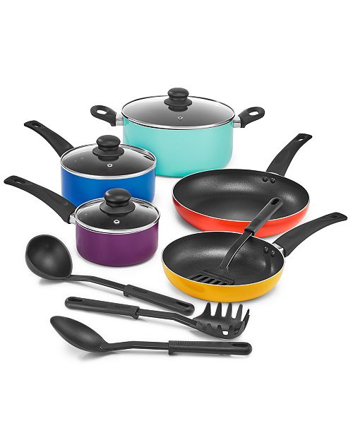 multi colored pots and pans set