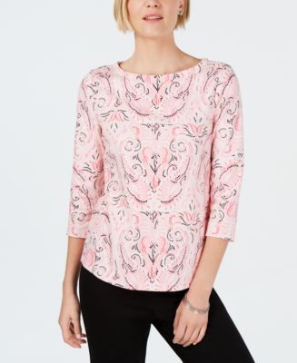 Charter Club Womens Petite Pima Cotton Button Shoulder Print Top Honey Glaze Cmb Size Large