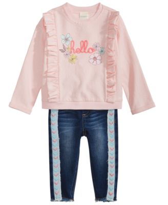 First Impressions Baby Girls Ruffled Sweatshirt & Embroidered-Trim Jeans, Created for Macy's	