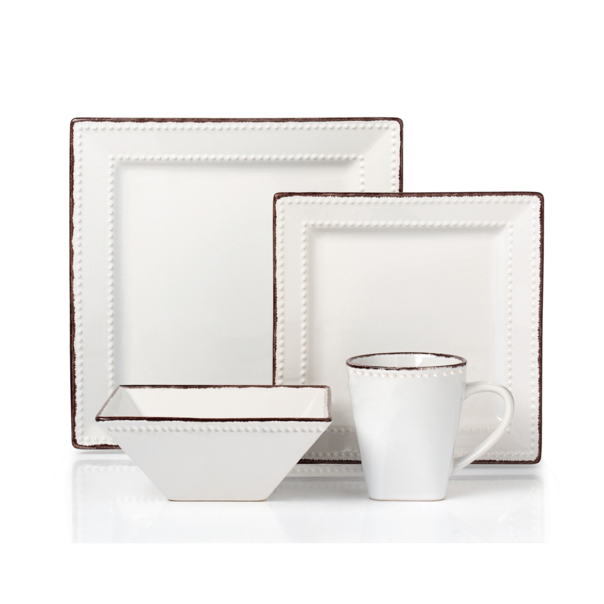 Lorren Home Trends 16 Piece Square Beaded Stoneware Dinnerware Set, Service For 4 In White