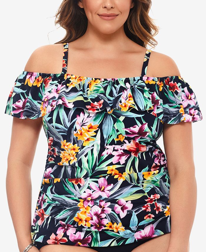 Swim Solutions Plus Size Printed OfftheShoulder Ruffle Tankini Top
