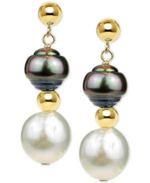 image of Cultured Baroque Freshwater Pearl (11-12mm) and Tahitian Pearl (8-9mm) Drop Earrings in 14k Gold