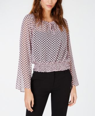 INC International Concepts - Printed Smocked Bell-Sleeve Top