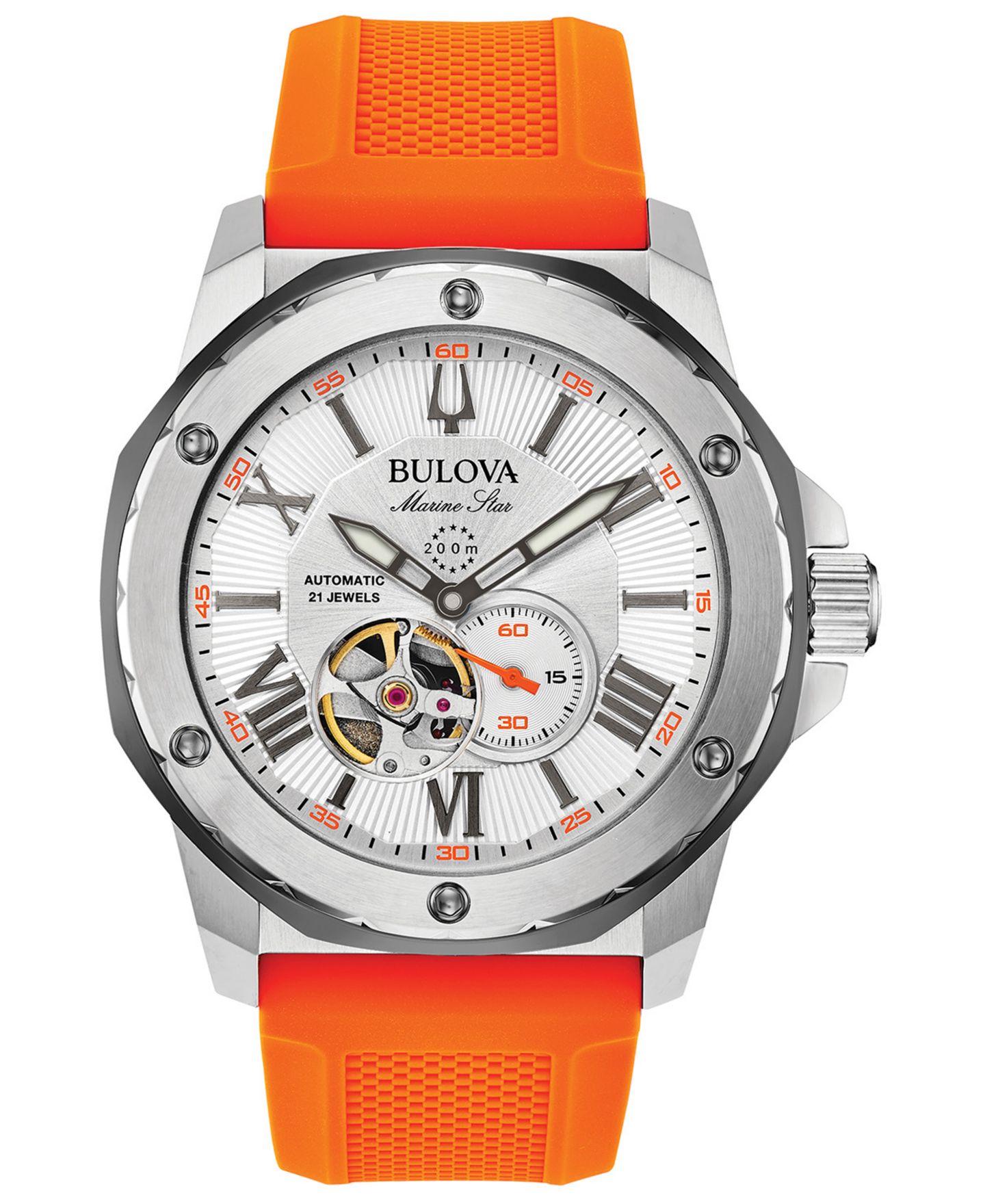 Мужские часы Bulova Automatic Marine Star Orange Silicone Strap Watch 45mm, цвет: Оранжевый / Белый — фото 1