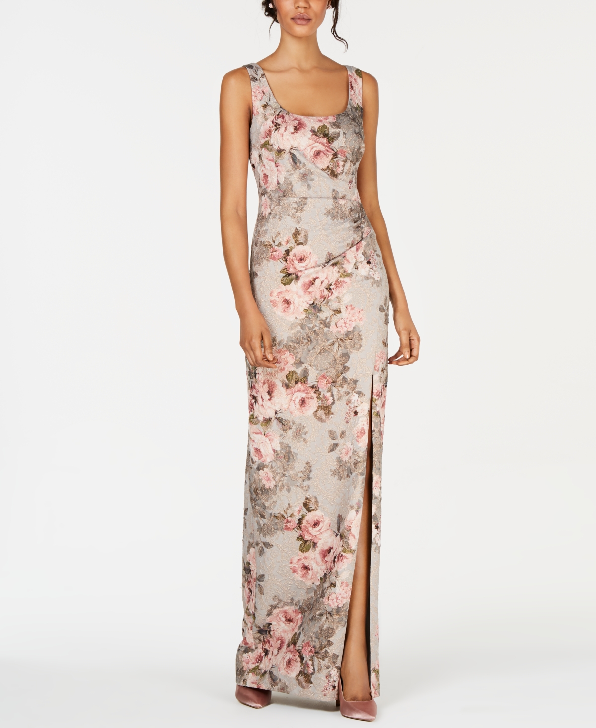 Shop Adrianna Papell Women's Metallic Floral-print Column Gown In Beige,blush Floral