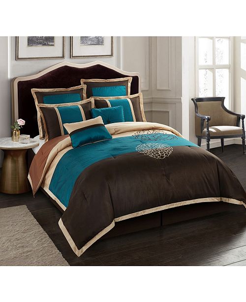 Nanshing Phoebe 8 Piece Comforter Set Brown Aqua Queen